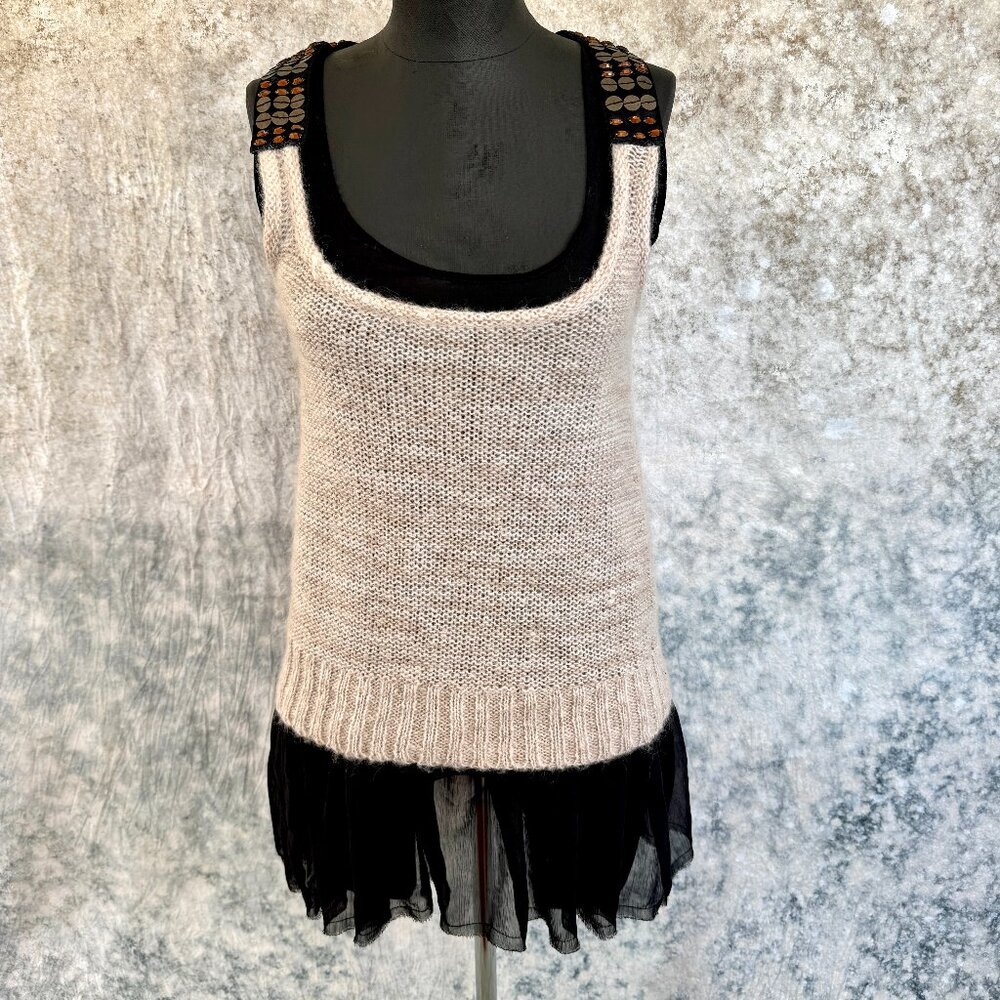 Black Sweater Tank w/Sheer Underlay & Sequins Racer Back - S